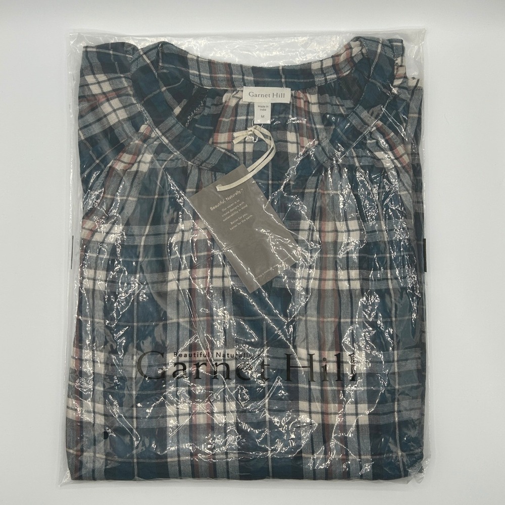 Garnet Hill Organic Cotton Double Gauze Plaid Popover Blouse Teal M 50683 NEW
